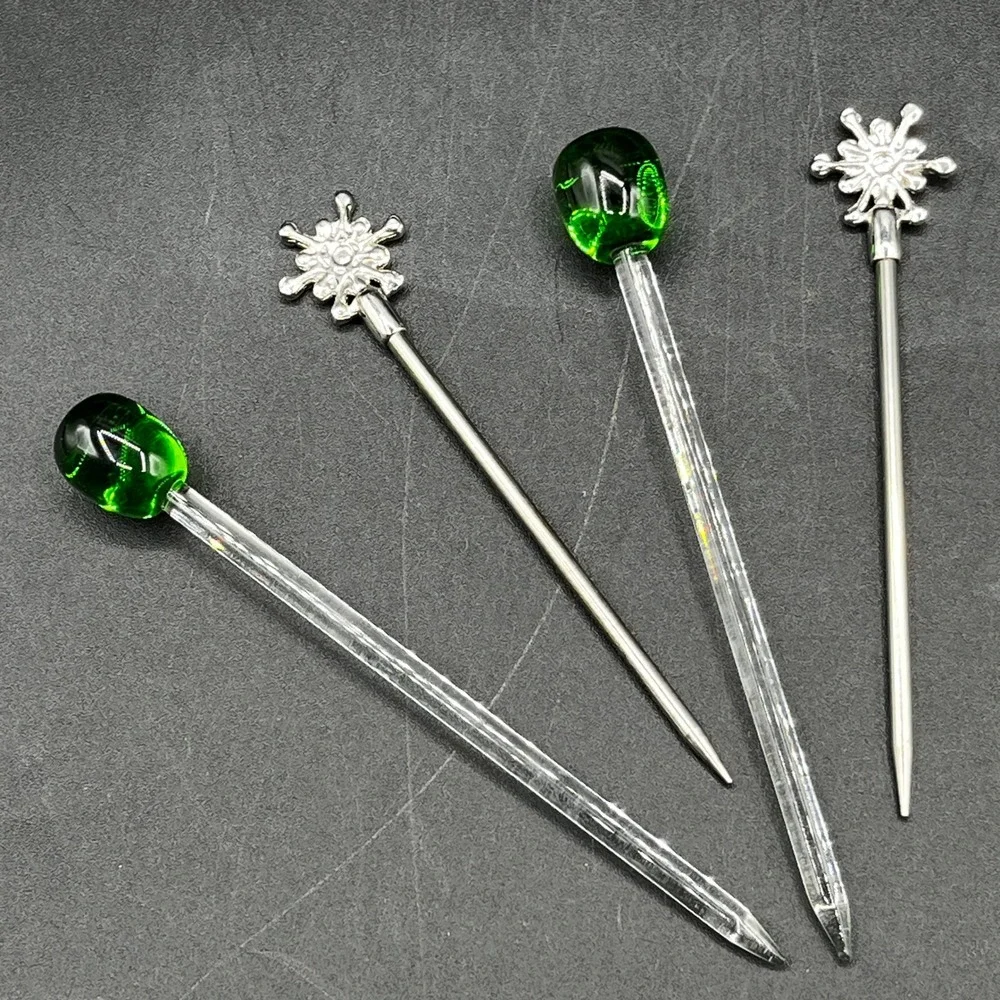Set of 4 Cocktail Picks Glass Martini Olives Silver Snowflake Skewers Barware